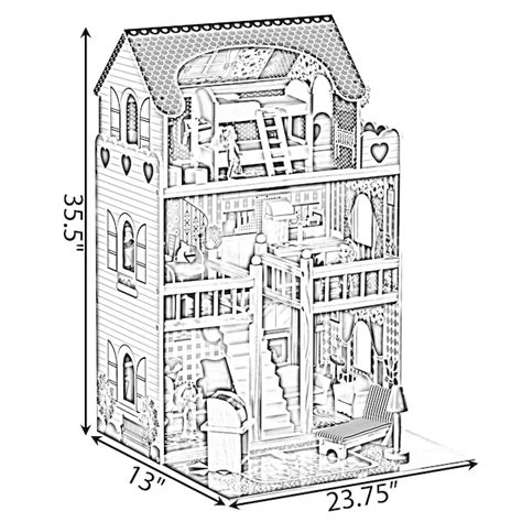 ShpilMaster Wooden Dollhouse for Kids, 3 Levels and 5 Rooms, 35.5 Inches Tall, 23.75 Inches Wide ...