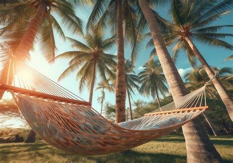 Premium Ai Image Arafed Hammock Between Two Palm Trees In A Grassy