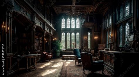 Gothic, interior of large library with many bookshelves, gothic reading ...