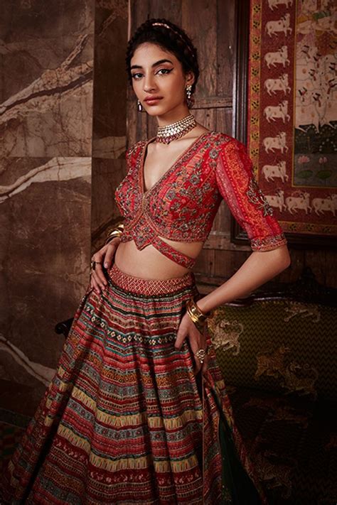 Kalista Noor Stripe Embroidered Lehenga Set Red Stripe Pattern