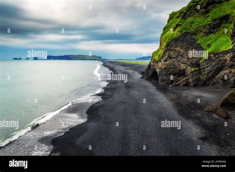 Aerial View Of The Reynisfjara Black Sand Beach In South Iceland Stock