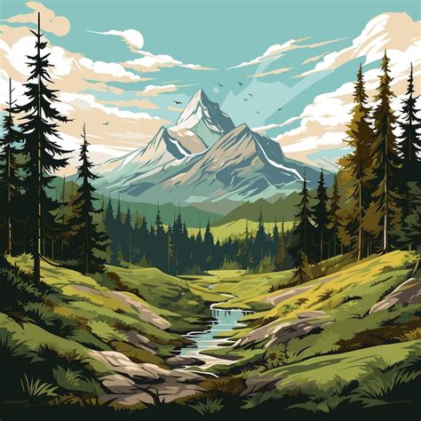 Premium Vector Green Forest Landscape With Mountain Background