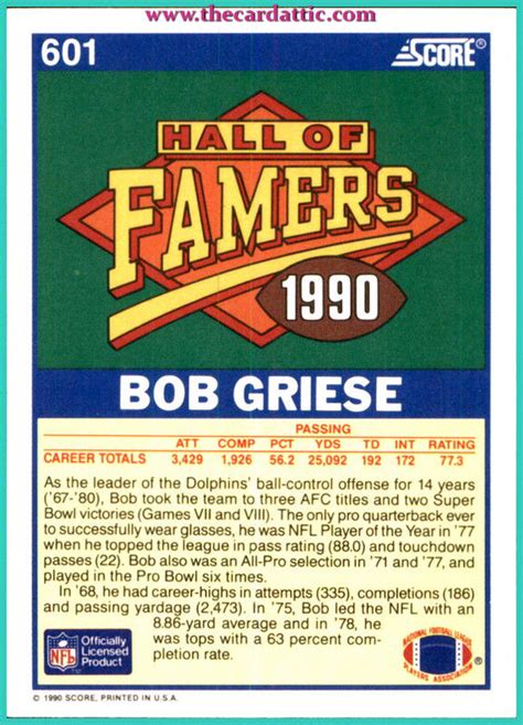 Sku85b450 1990 Score 601 Bob Griese Hall Of Fame Hof Miami Dolphins On