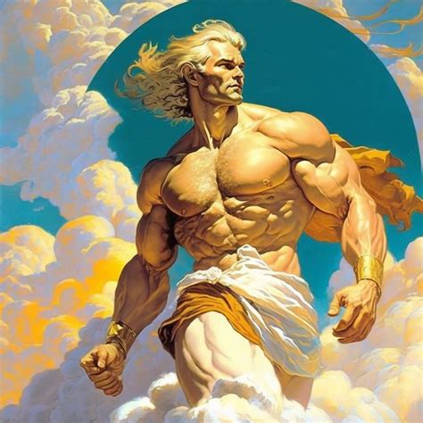 A Painting Of A Man Standing In The Clouds With His Hands On His Hips