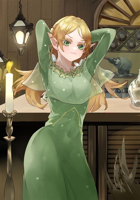 Safebooru 1girl Absurdres Arms Up Blonde Hair Bottle Breasts Candle Candlestand Dress Elf Food