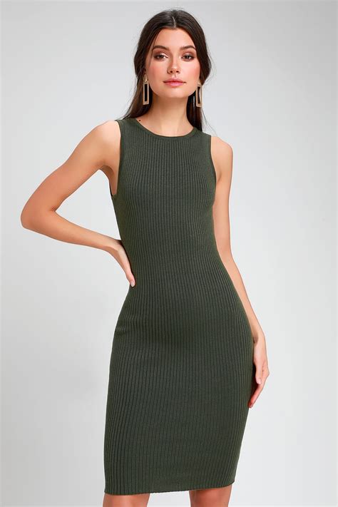 Breathtaking Olive Green Ribbed Back Cutout Bodycon Midi Dress Midi