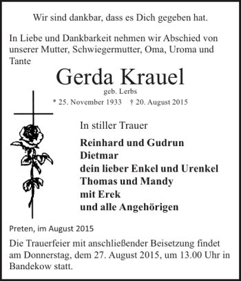 Traueranzeigen Von Gerda Krauel Trauer Nordkurier