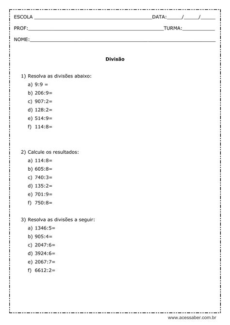 Atividade de matemática Divisão 4º ano Experimente a emoção das