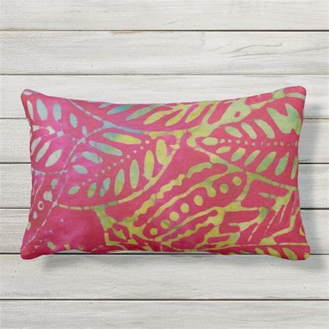 Red Green Boho Batik Tropical Leaf Pattern Outdoor Lumbar Pillow