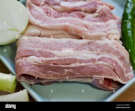 Korean Food Pork Belly And Vegetables Samgyeopsal Stock Photo Alamy