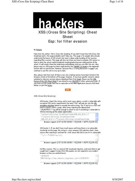 Xss Cross Site Scripting Cheat Sheet Esp For Filter Evasion Pdf