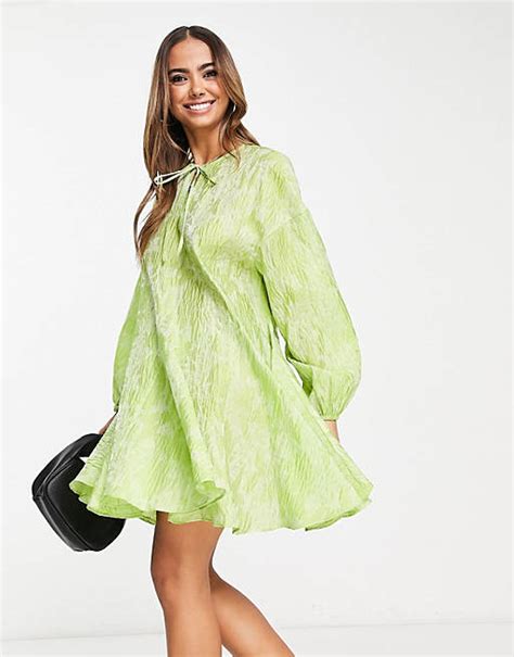 Glamorous Tie Neck Pleated Swing Smock Dress In Lime Organza Asos