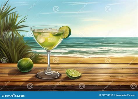 Refreshing Margarita Cocktail On Wooden Table At Beachside With Scenic