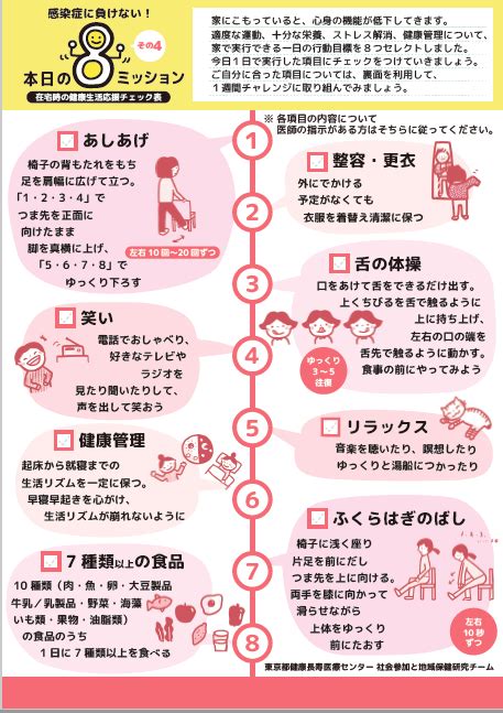 「在宅での高齢者の健康づくりを応援する 生活習慣チェック表」本日の8ミッション 東京都健康長寿医療センター研究所 神奈川県生活協同組合連合会