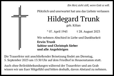 Traueranzeigen Von Hildegard Trunk Trauer Op Online De