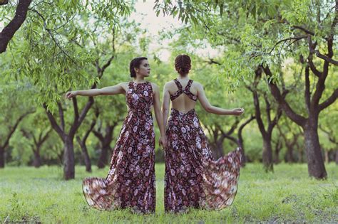 Women Outdoors Couple Model Women Standing Two Women Trees Grass Dress Flower Dress