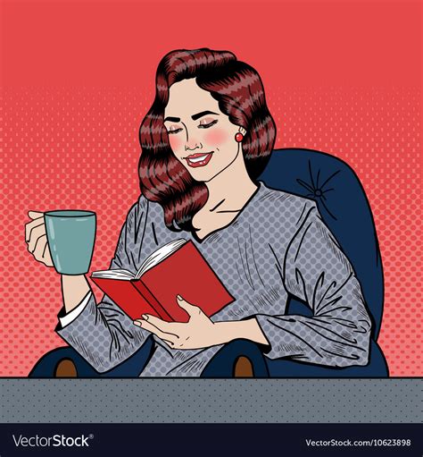 Pop Art Woman Reading Book And Drinking Coffee Vector Image