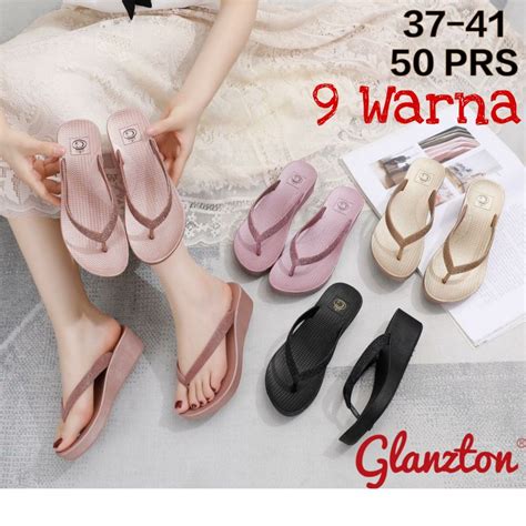 Jual L1895A Y1 Glanzton Sandal Wedges Jepit Wanita Karet Jelly Gliter