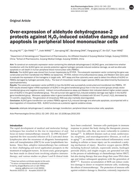 Pdf Over Expression Of Aldehyde Dehydrogenase Protects Against H O