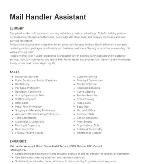 Mail Handler Assistant Resume Example