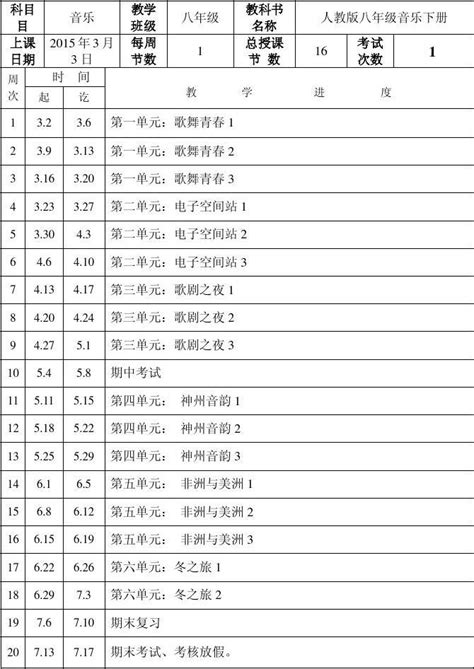 八年级音乐下教学进度表 word文档在线阅读与下载 免费文档