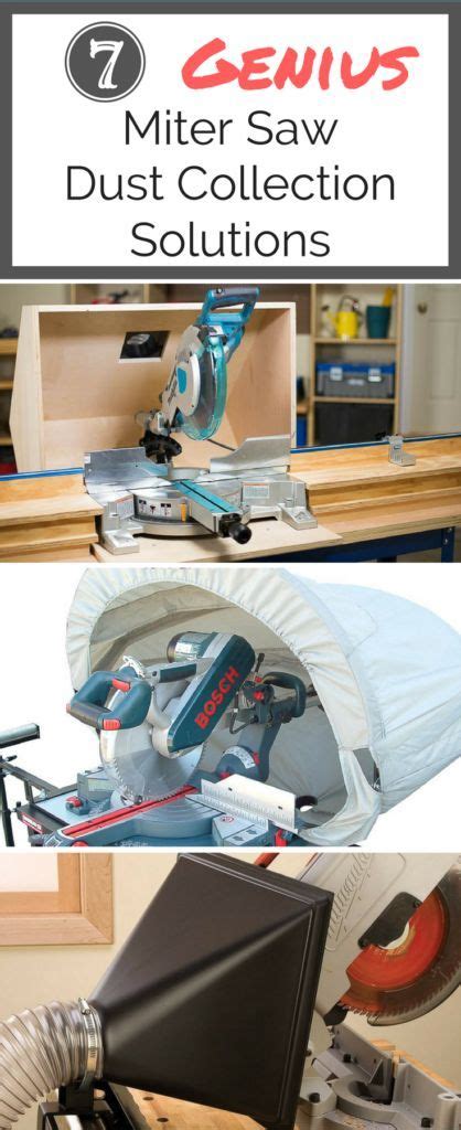 The Miter Saw Dust Collection Solution Is Shown In Three Different Pictures With Text Overlay