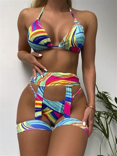 Shein Swim Vcay Bikini Triangulaire Ras Du Cou Imprim Avec