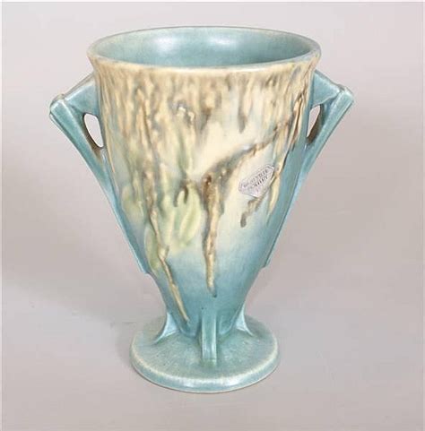 Lot Roseville Pottery Moss Blue 2 Handled Vase 775 6