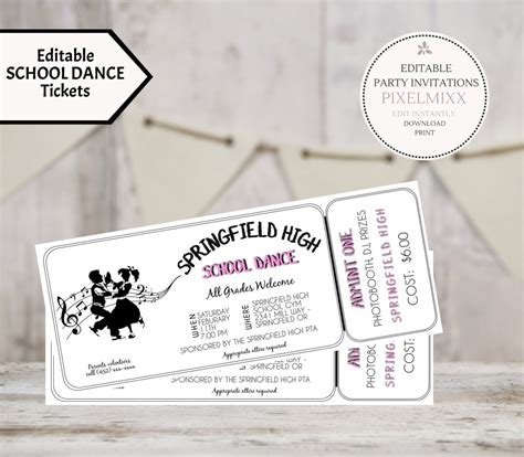 Editable Tickets, School Dance Tickets, Edit and Print Ticket Template ...