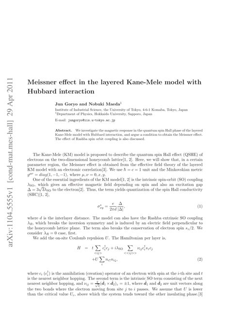 PDF Meissner Effect In The Layered Kane Mele Model With Hubbard