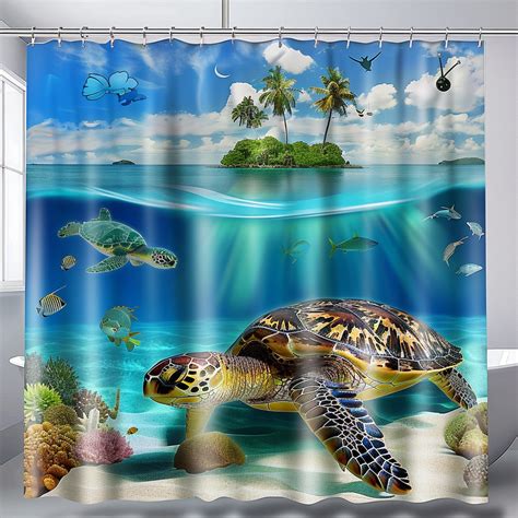 Ocean Turtle Island Bathroom Curtain Cartoon Turtles Fish Corals Palm