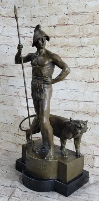 Signed Nude Male Roman Warrior With Lion Bronze Sculpture Marble