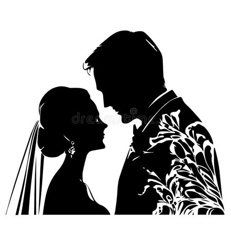 Wedding Young Couple Of Lovers Just Married Black Vector Stencil