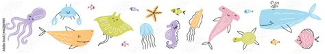 Vector collection of marine life hand-drawn in doodle style Stock ...