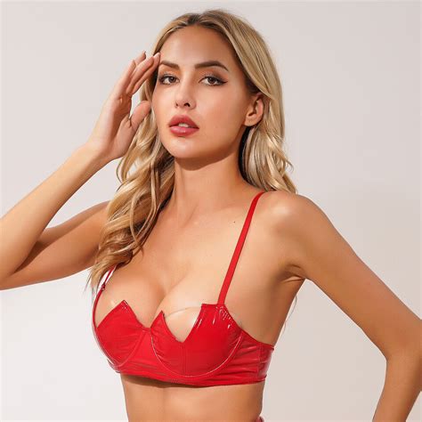 US Women Patent Leather Sexy Half Cup Bra Open Nipple Lingerie Bra Top