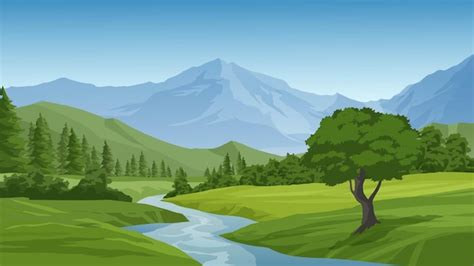 Illustration De Paysage De Montagne Avec Ruisseau Et Meado Vecteur