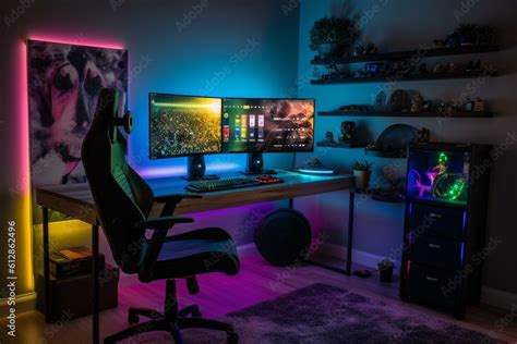 Vivid RGB gaming setup with furniture against an LED-lit brick wall for ...