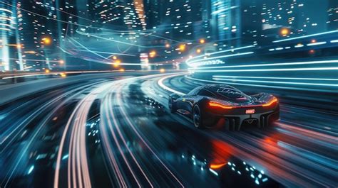 Premium Photo Futuristic Sports Car Speeding Through Cyberpunk City