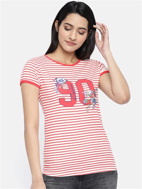 Buy Us Polo Assn Women Women Pink White Striped Round Neck Pure