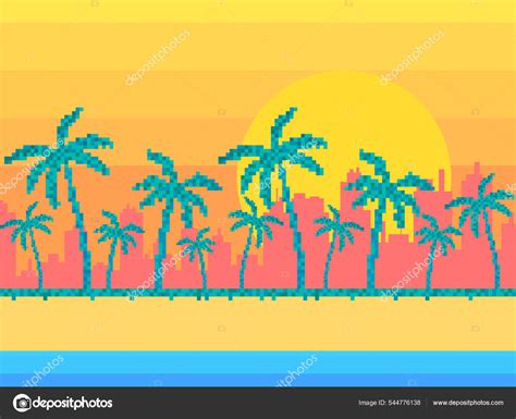 Salida Del Sol Playa Con Palmeras Estilo Arte Píxeles Miami Vector de