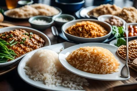 Premium AI Image | A table full of dishes including rice, rice, and rice.