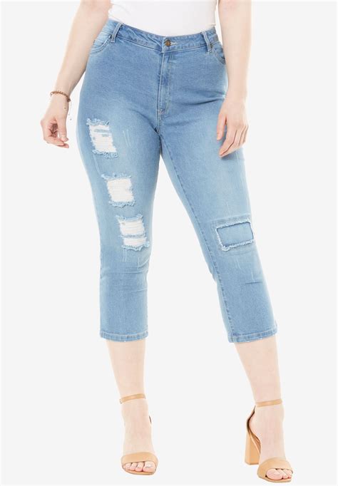 Distressed Capri Jean With Invisible Stretch® By Denim 247® Plus Size