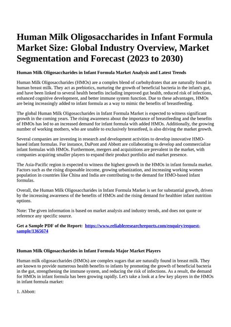 Reportprime Human Milk Oligosaccharides In Infant Formula Market Size