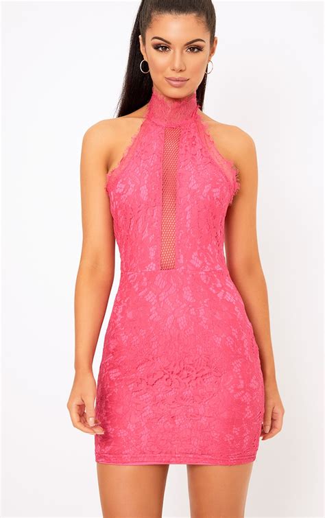 Shelby Hot Pink Lace High Neck Bodycon Dress Dresses Prettylittlething Usa