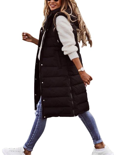 Women Warm Keeping Long Gilet Solid Colour Sleeveless Zipper Puffer