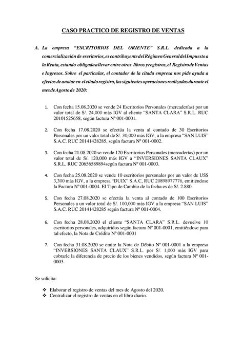 Registro de ventas - CASO PRACTICO DE REGISTRO DE VENTAS A. La empresa