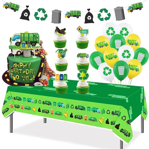 Garbage Truck Party Table Covers Banner Cake Cupcake Toppers Latex