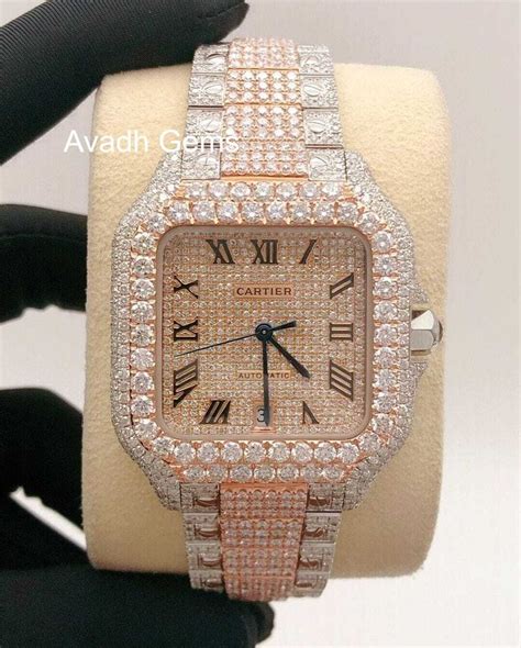 Cartier Santos Moissanite Diamond Men Watch, Stainless Steel 2 Tone Gold Plated Men Watch For ...