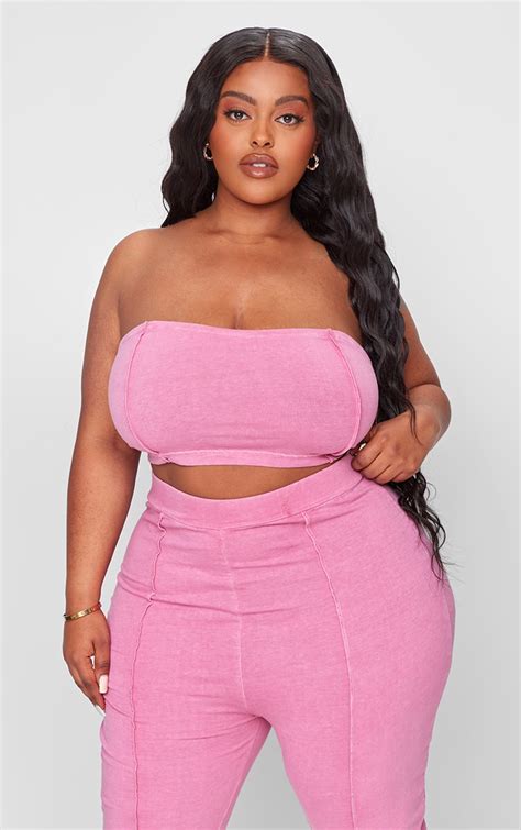 Plus Pink Bandeau Acid Wash Crop Top Plus Size Prettylittlething