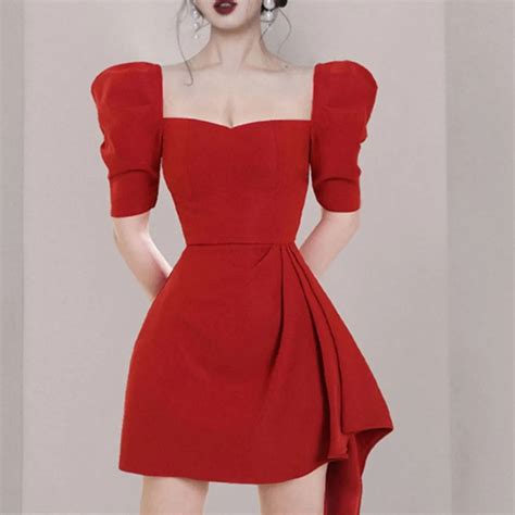 Smthma Sexy Asymmetry Women Puffed Sleeves Dress Square Neck Slim Waist